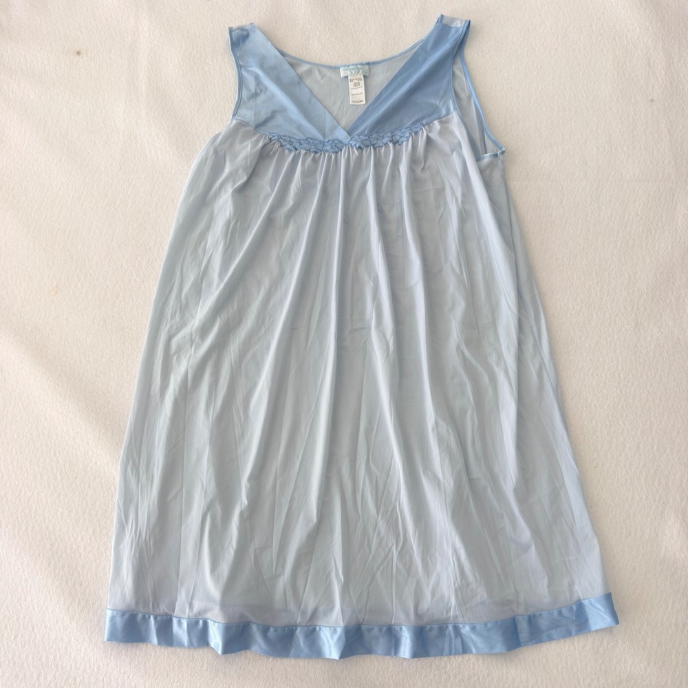 Vanity Fair 1X 46 Blue Nylon Nightgown Sheer Satin Trim Floral Vintage Sleepwear